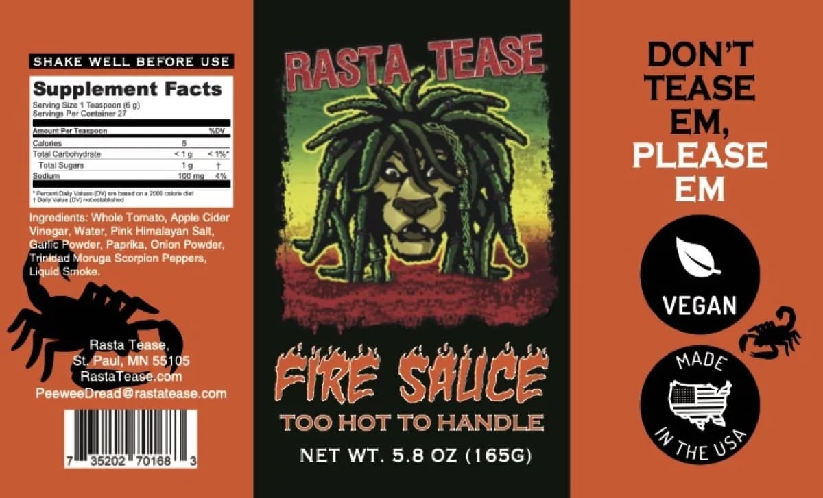 Rasta Tease Fire Sauce label
