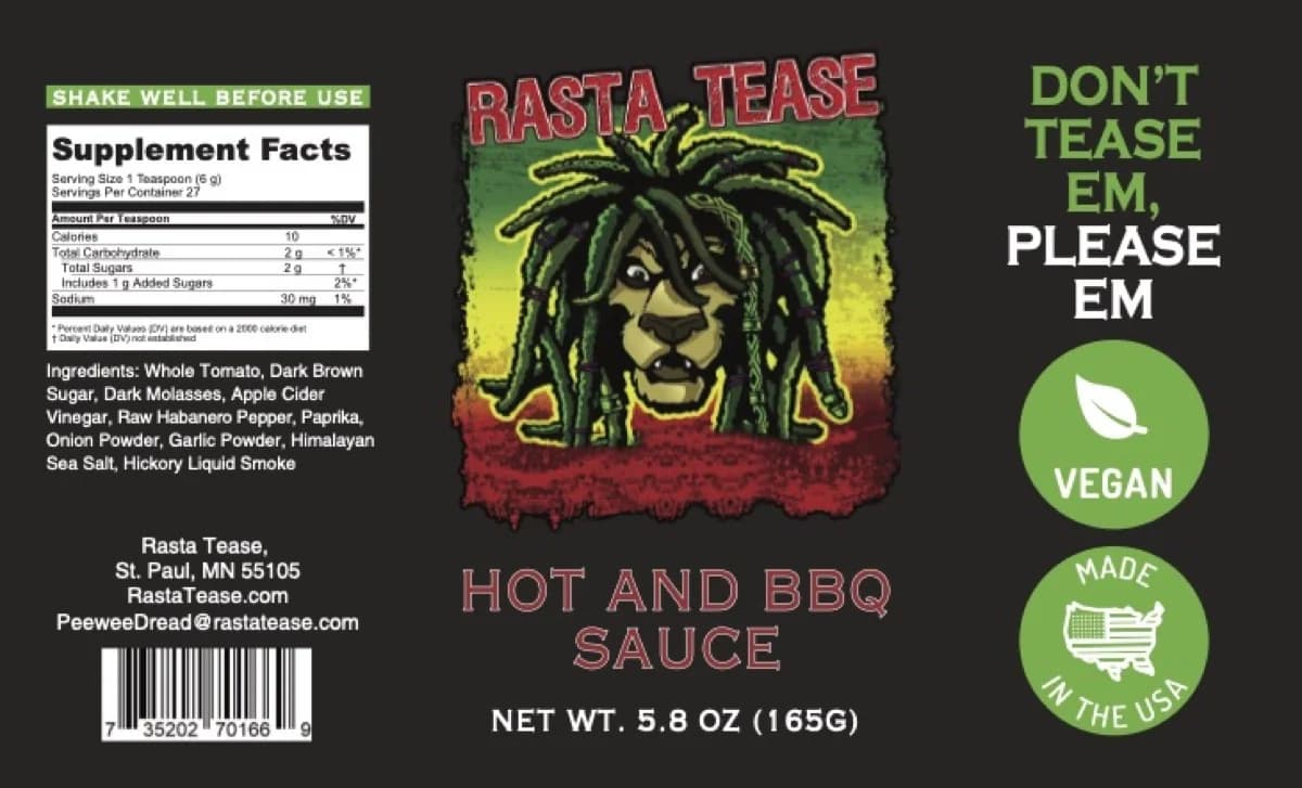 Rasta Tease Hot & BBQ Sauce label