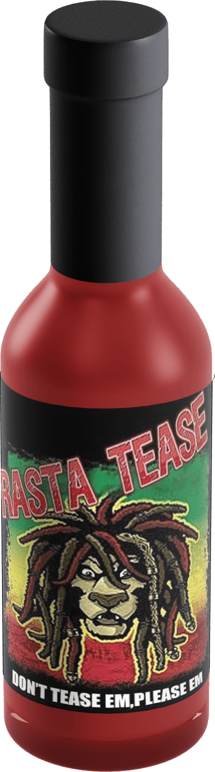 A bottle of Rasta Tease hot sauce