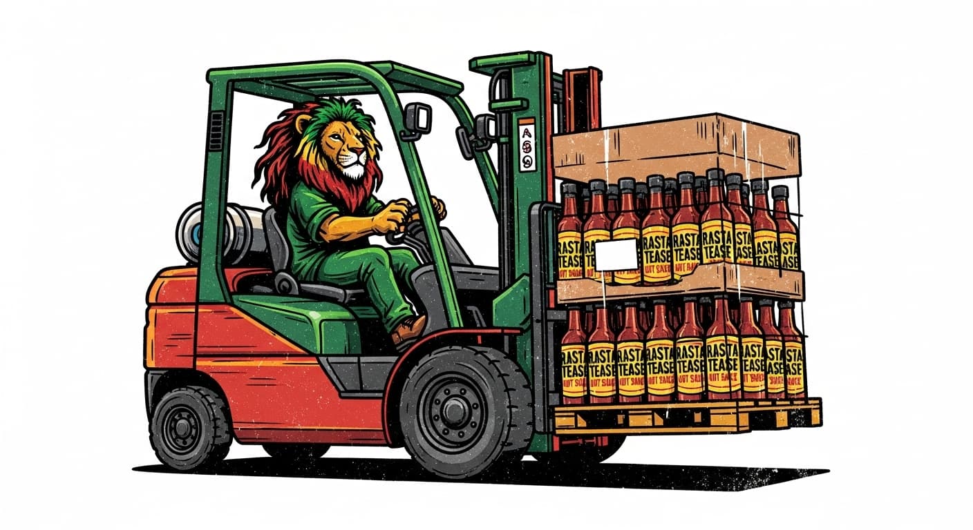 The Rasta Tease lion moving a pallet of bottles